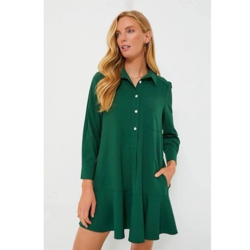 Tuckernuck Crepe Hunter Green Callahan Shirt Dress Small Preppy Relaxed Luxe